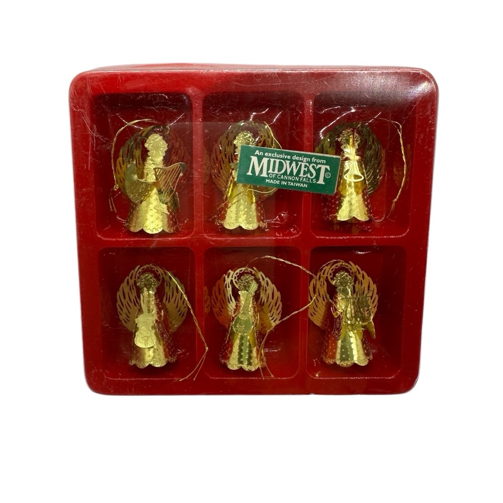 Vintage Midwest set of six gold angel ornaments in original box New Old Stock